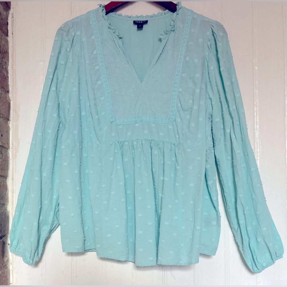Torrid Aqua Ruffled Long Sleeve Bib Collar Blouse, 100% Cotton, Includes Cami